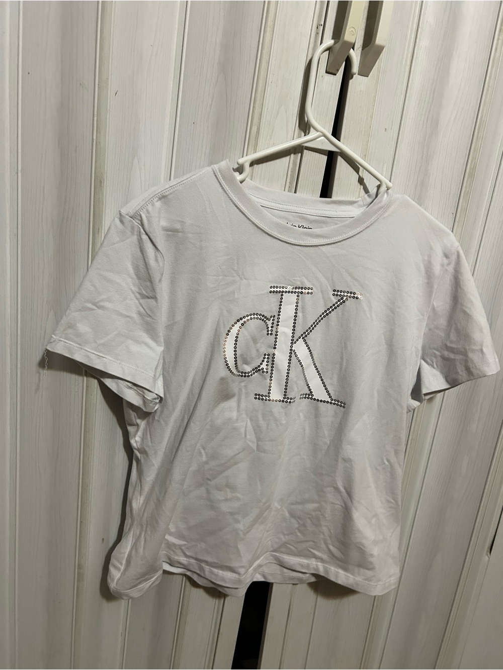 Calvin Klein White Tee with Rhinestone CK Logo XL
